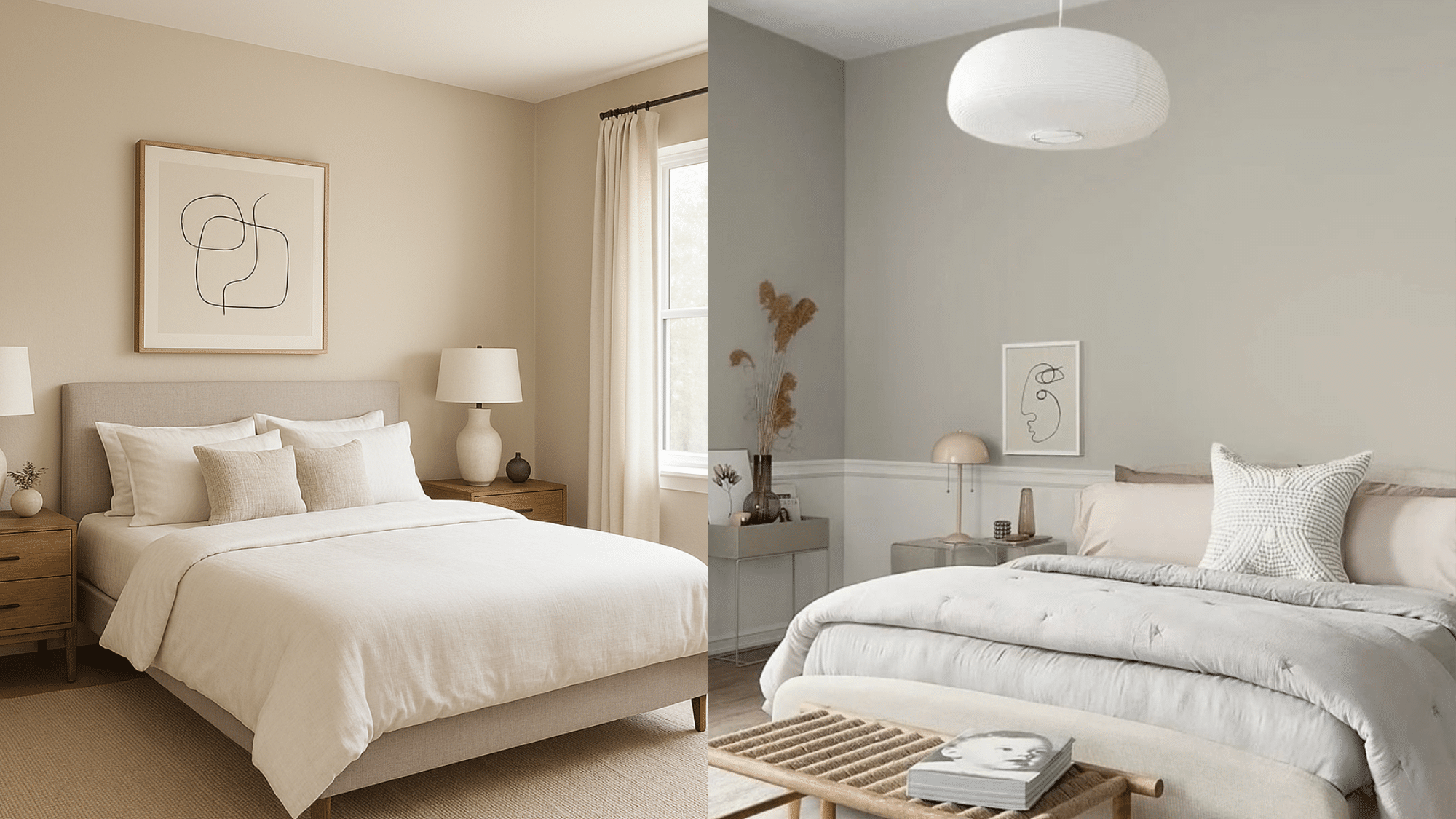 accessible beige vs agreeable gray bedrooms showing warm beige and cool greige wall color comparison