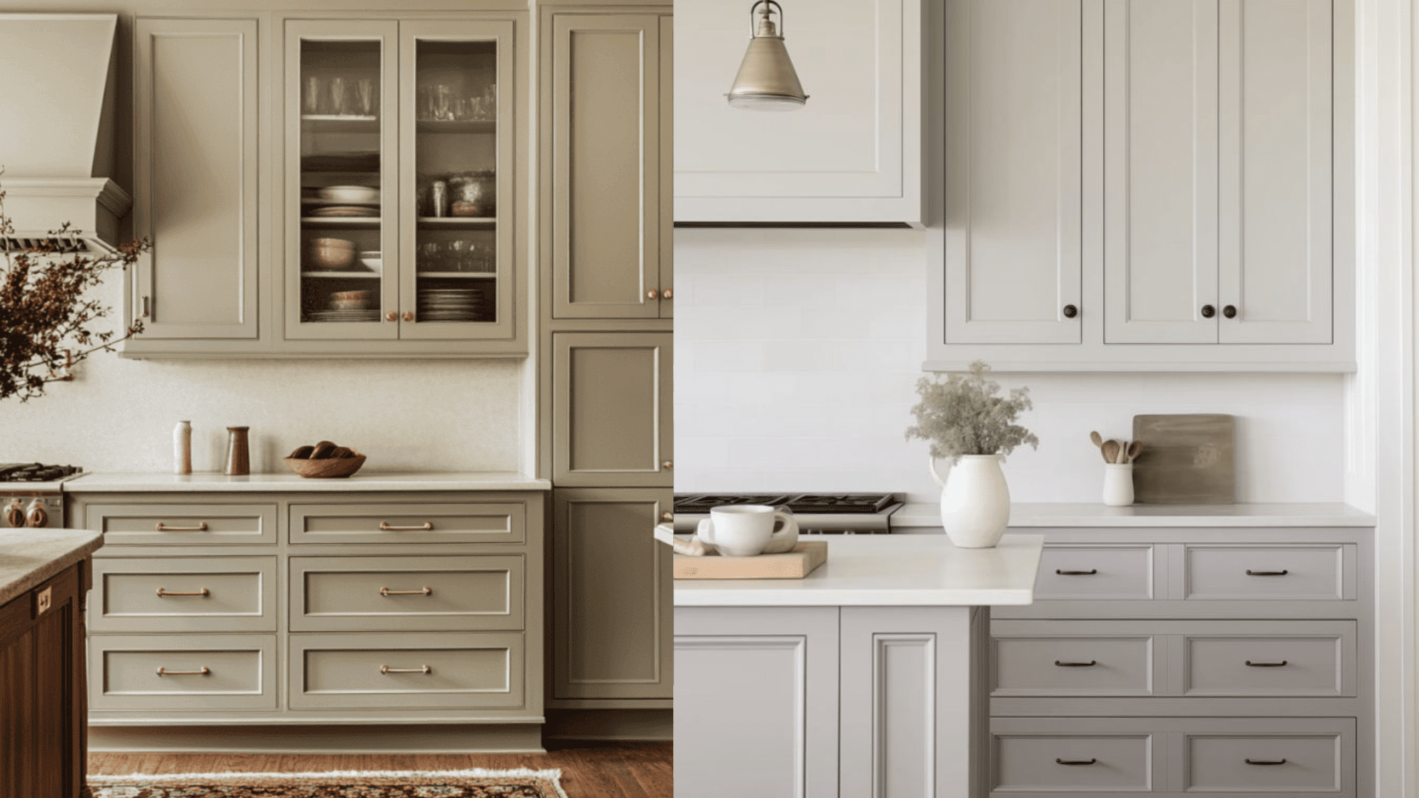 split image showing two different kitchens, one with beige cabinets and brass hardware and the other with light gray cabinets