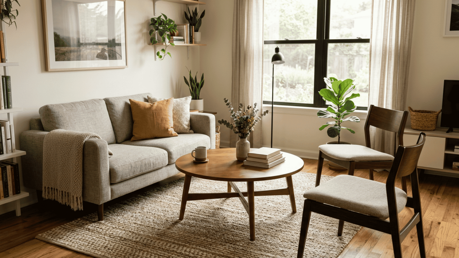 round coffee table centered between a sofa and accent chairs in a compact living room