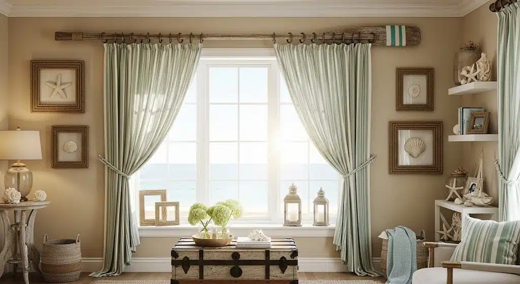 Coastal living room featuring light curtains hung from a decorative rowing oar curtain rod above a large window.