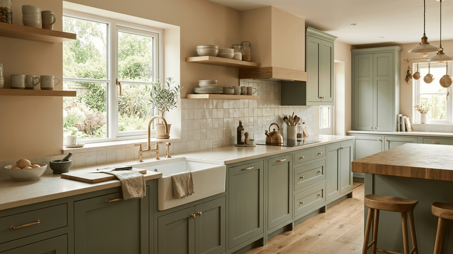 sage green kitchen with farmhouse sink, wood shelves, tiled walls, and an island
