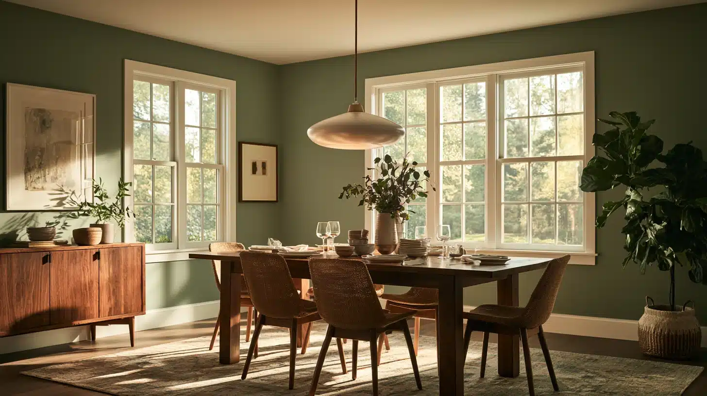 Sage green dining room with wooden furniture, woven chairs, large windows, pendant light, greenery, and soft natural sunlight.