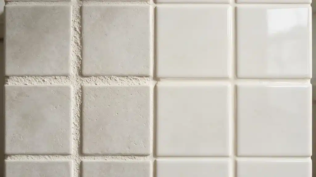 Side-by-side comparison of textured sanded grout next to smooth unsanded grout