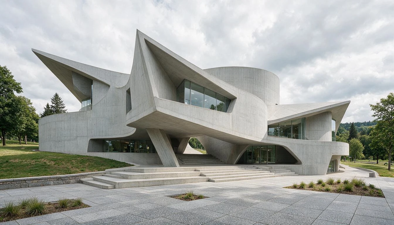 sculptural contemporary concrete museum with sweeping curves, angular roofs, broad steps, and landscaped grounds outside
