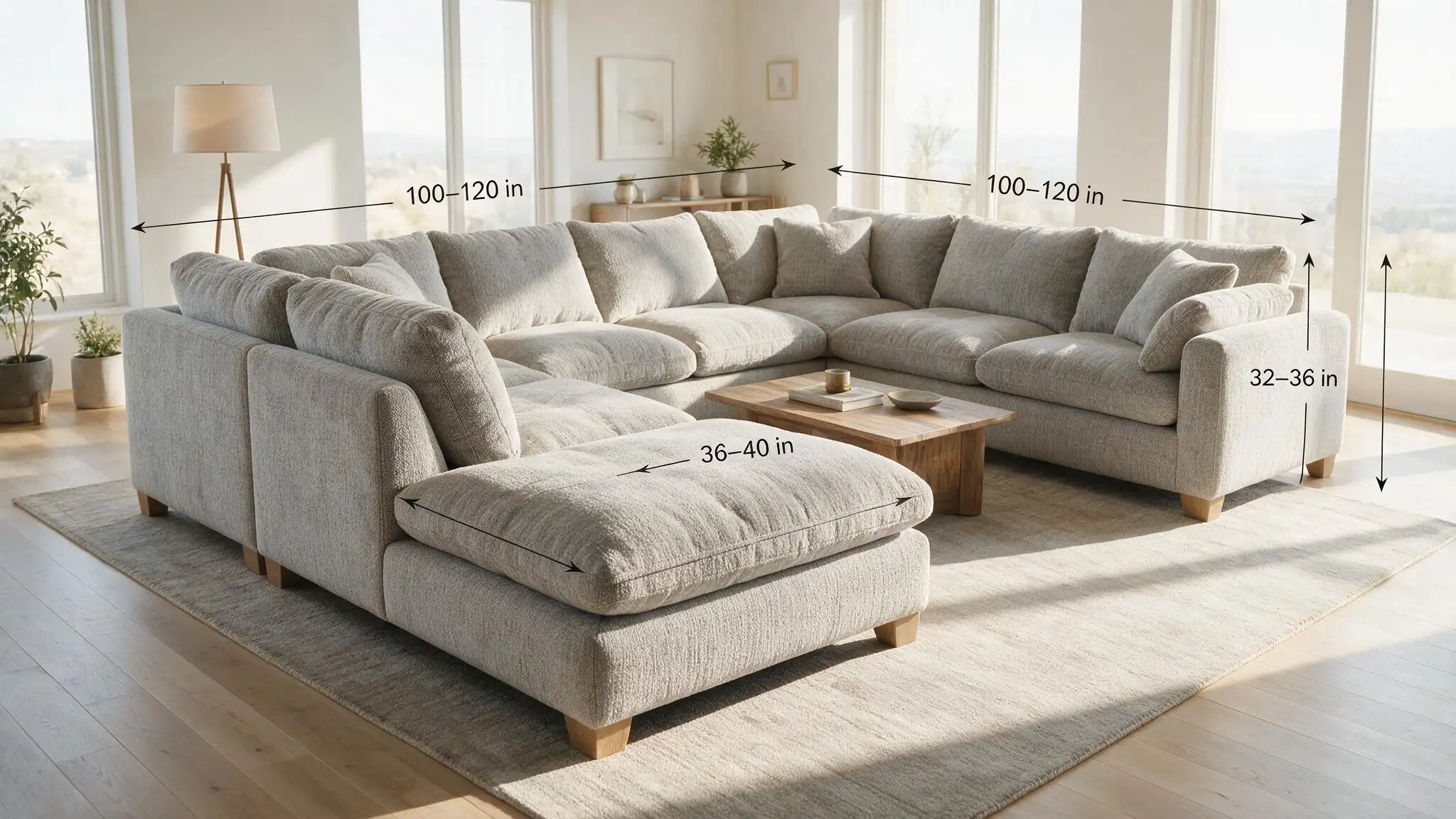 sectional sofa wit dimensions shown in a spacious modern living room