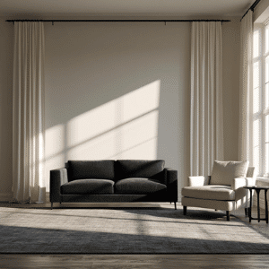 gray living room with black sofa, cream chair tall curtains, and angled sunlight