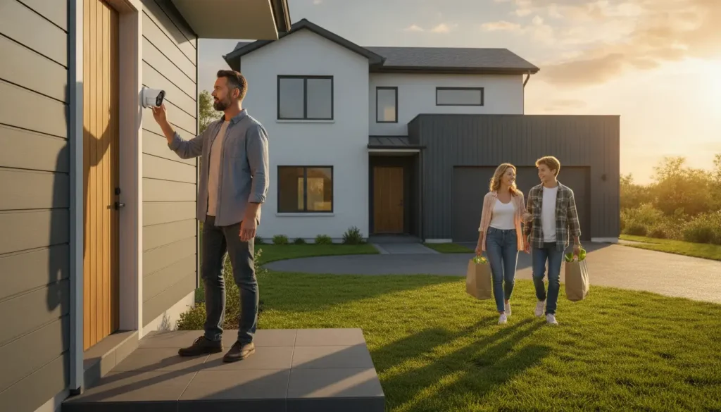 Man installing security camera on modern house exterior during sunset with couple carrying groceries nearby