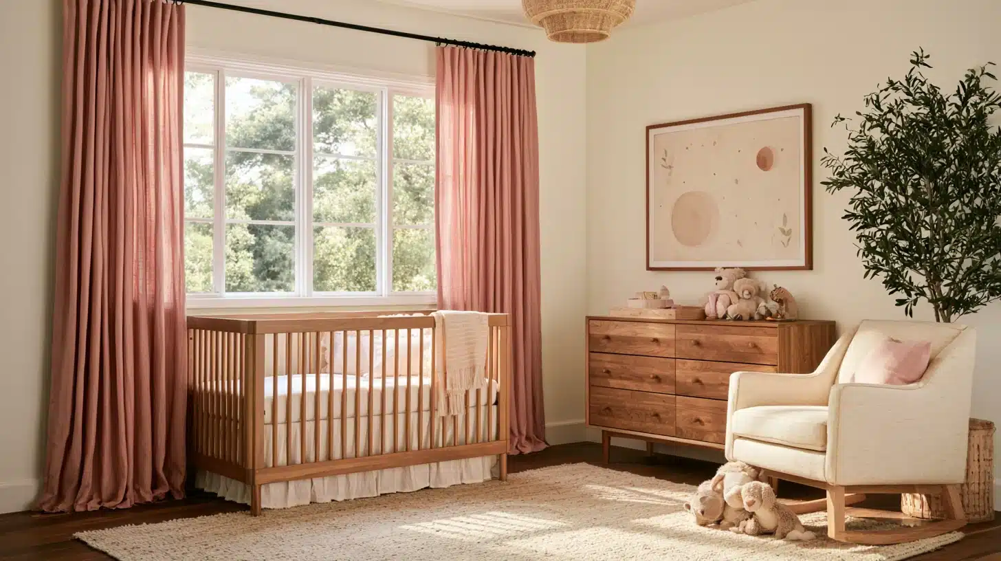 Warm nursery with a wooden crib, pink curtains, plush toys, mid-century dresser, armchair, framed artwork, and a large potted tree.