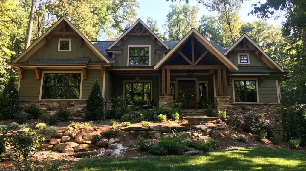 Large rustic green house with multiple peaked gables, stone accents, a covered entry, and landscaped rocks surrounded by trees.