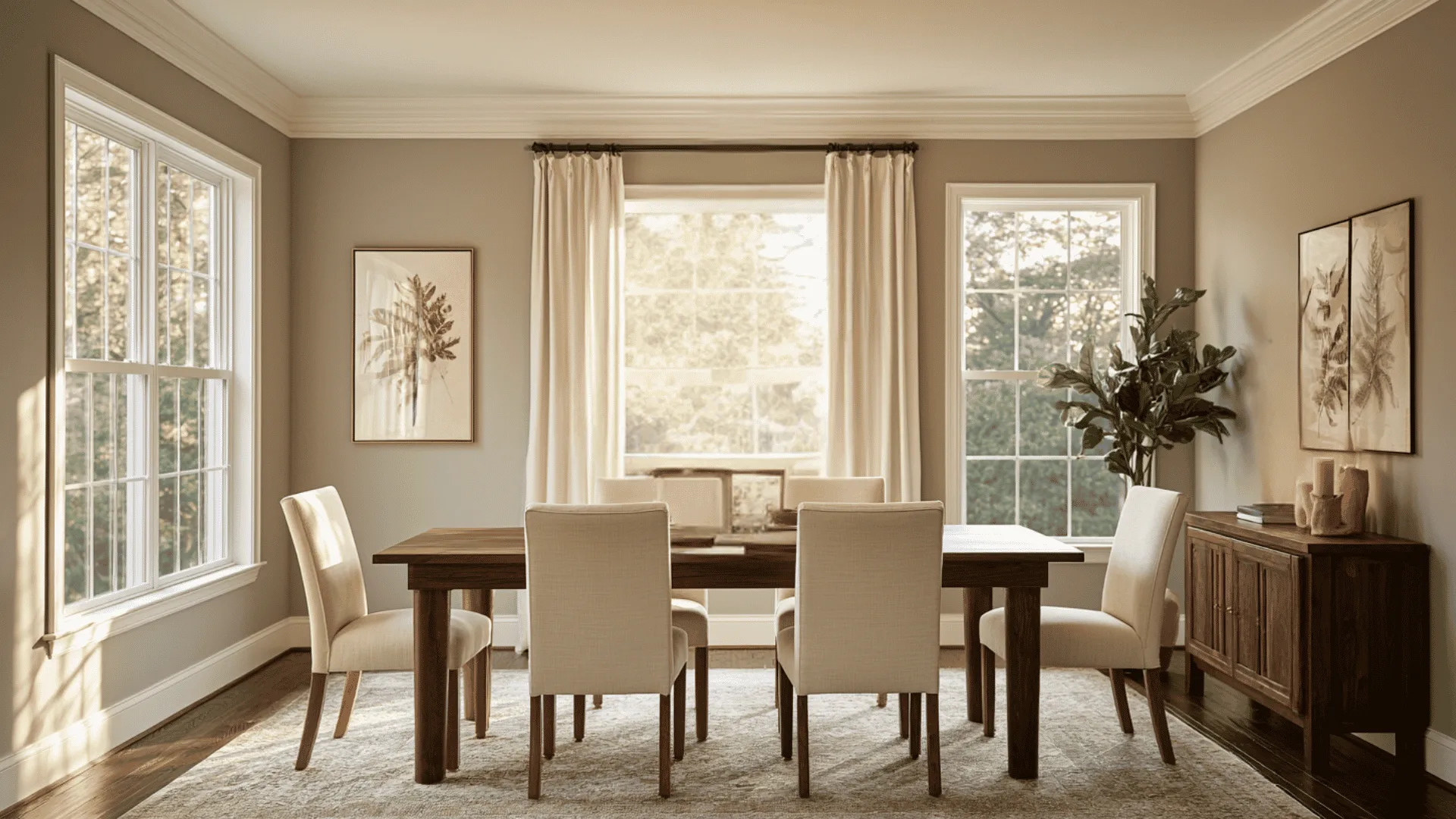 Dining room with a dark wood table, cream chairs, and Sherwin-Williams Mindful Gray walls