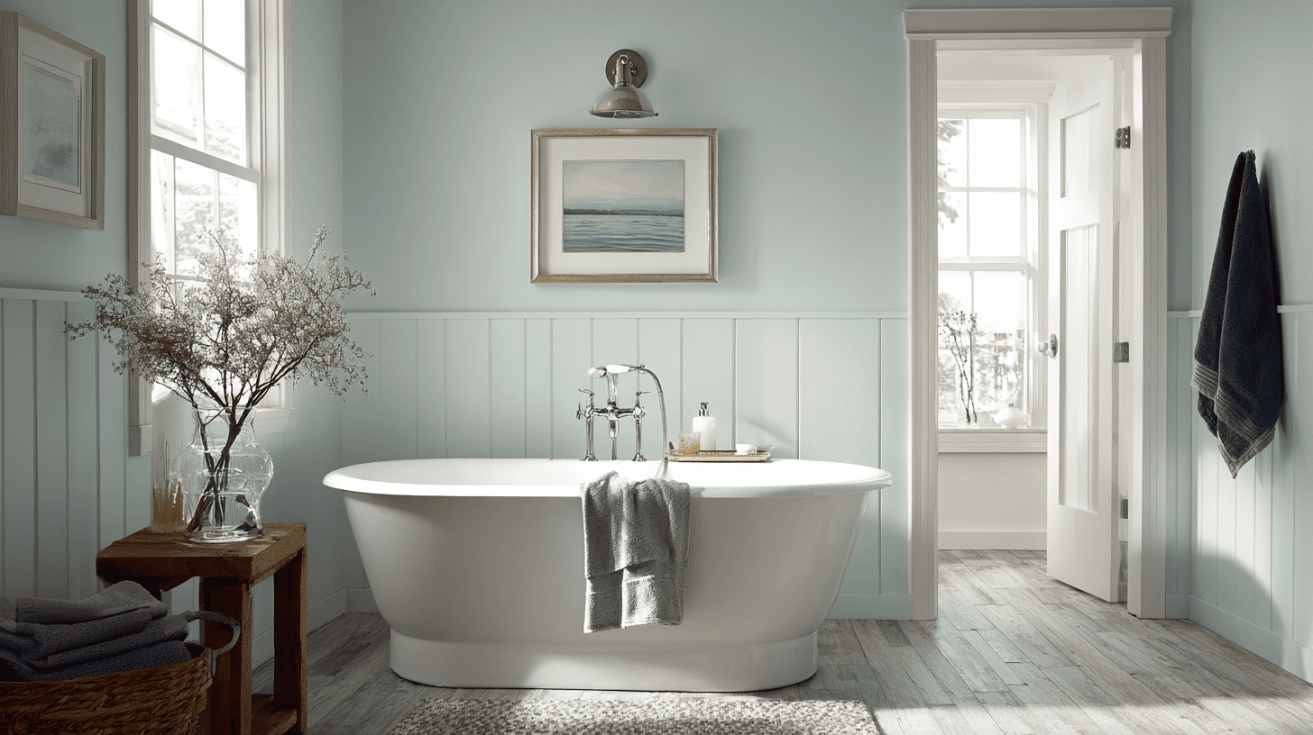 Bathroom with Rain blue gray walls, white tub, wood accents, and natural light.