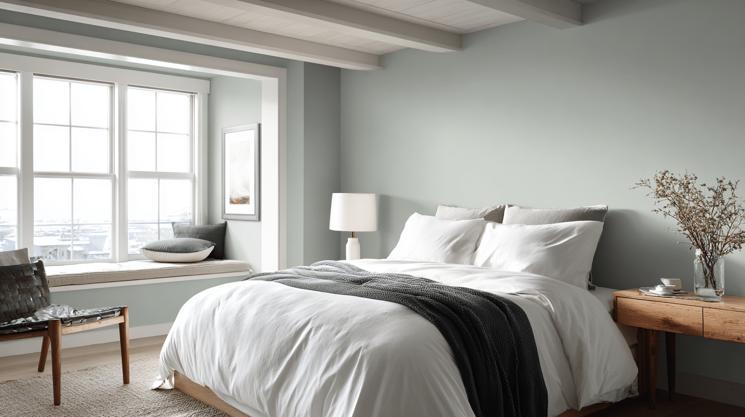 Bedroom with Rain blue-gray walls, white bedding, wood accents, and large windows.