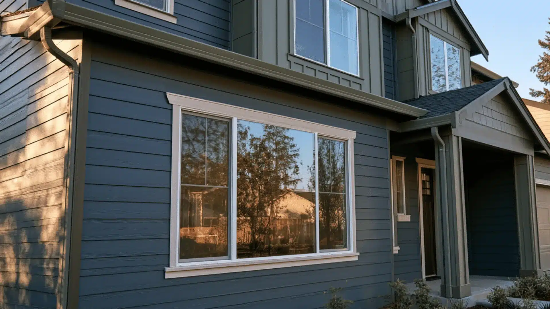 House exterior painted in dark Sherwin-Williams Rain blue siding with white trim