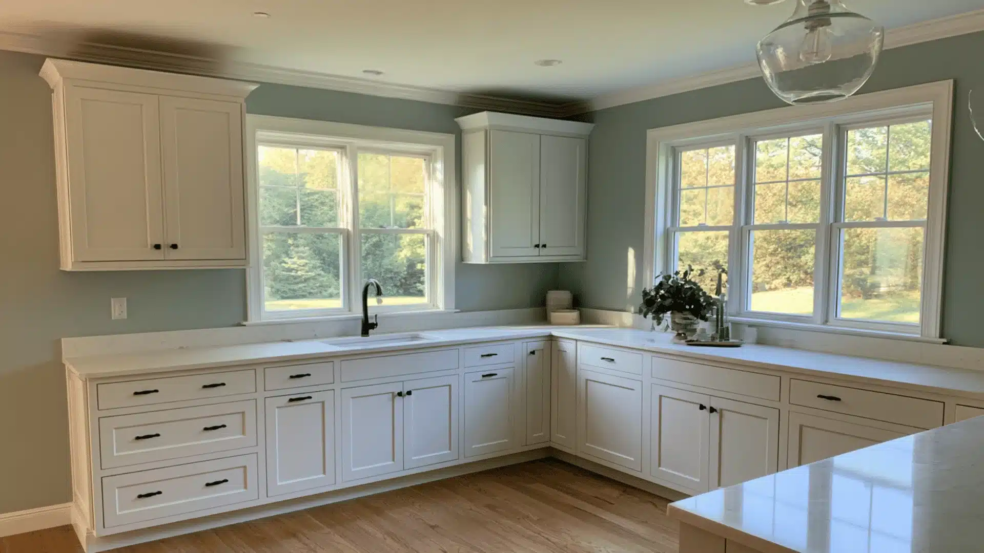 White kitchen cabinets set against Sherwin-Williams Rain blue-grey walls
