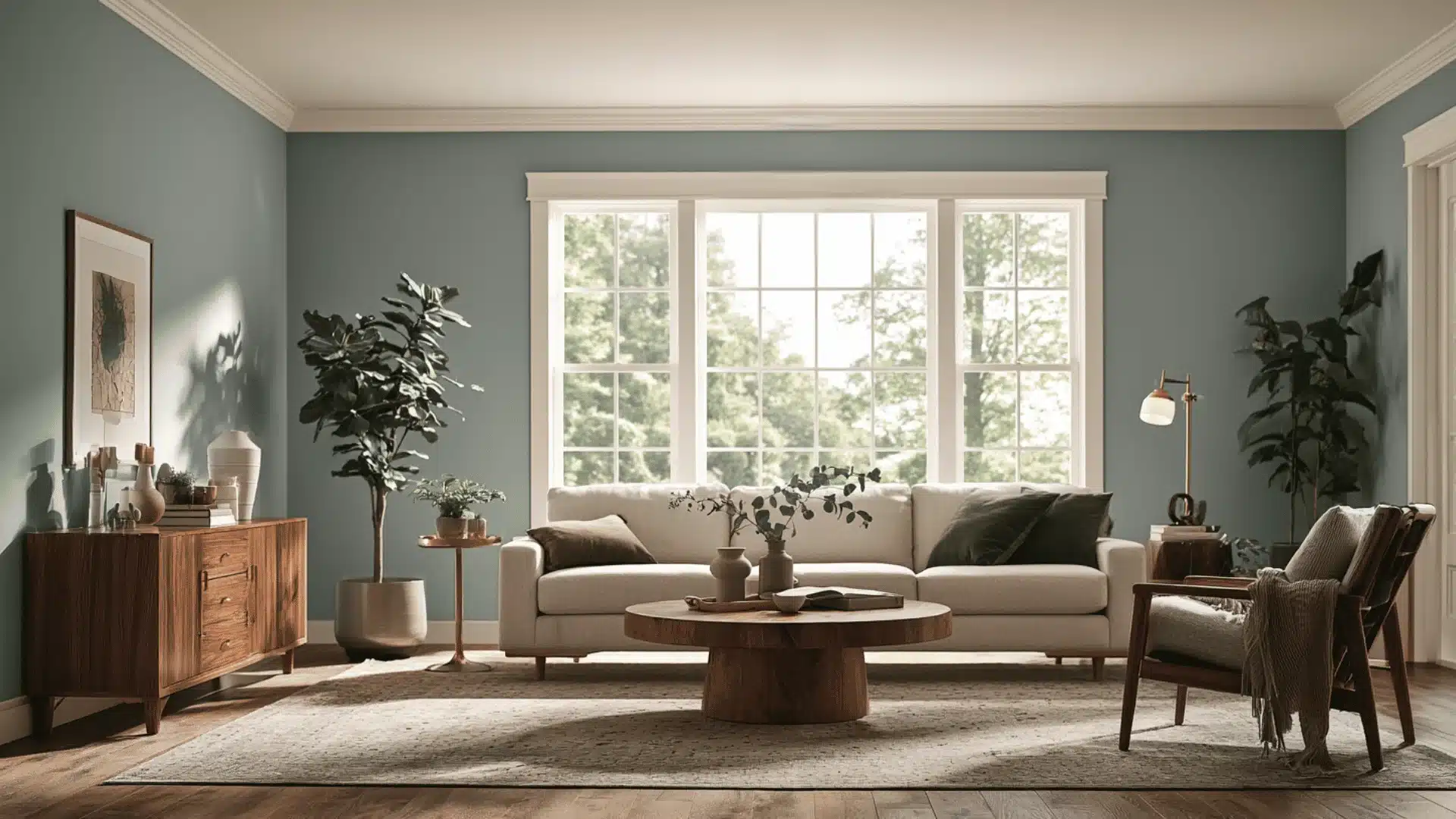 Living room with Rain blue gray walls, white sofa, wood furniture, and plants.