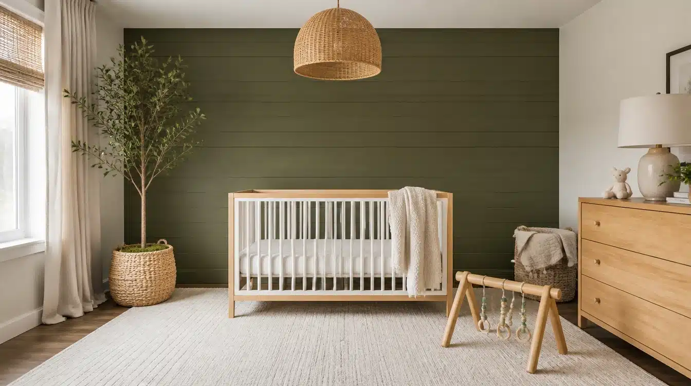 Neutral-toned nursery with a white crib, green paneled accent wall, woven pendant light, potted tree, wooden dresser, and baby activity gym.