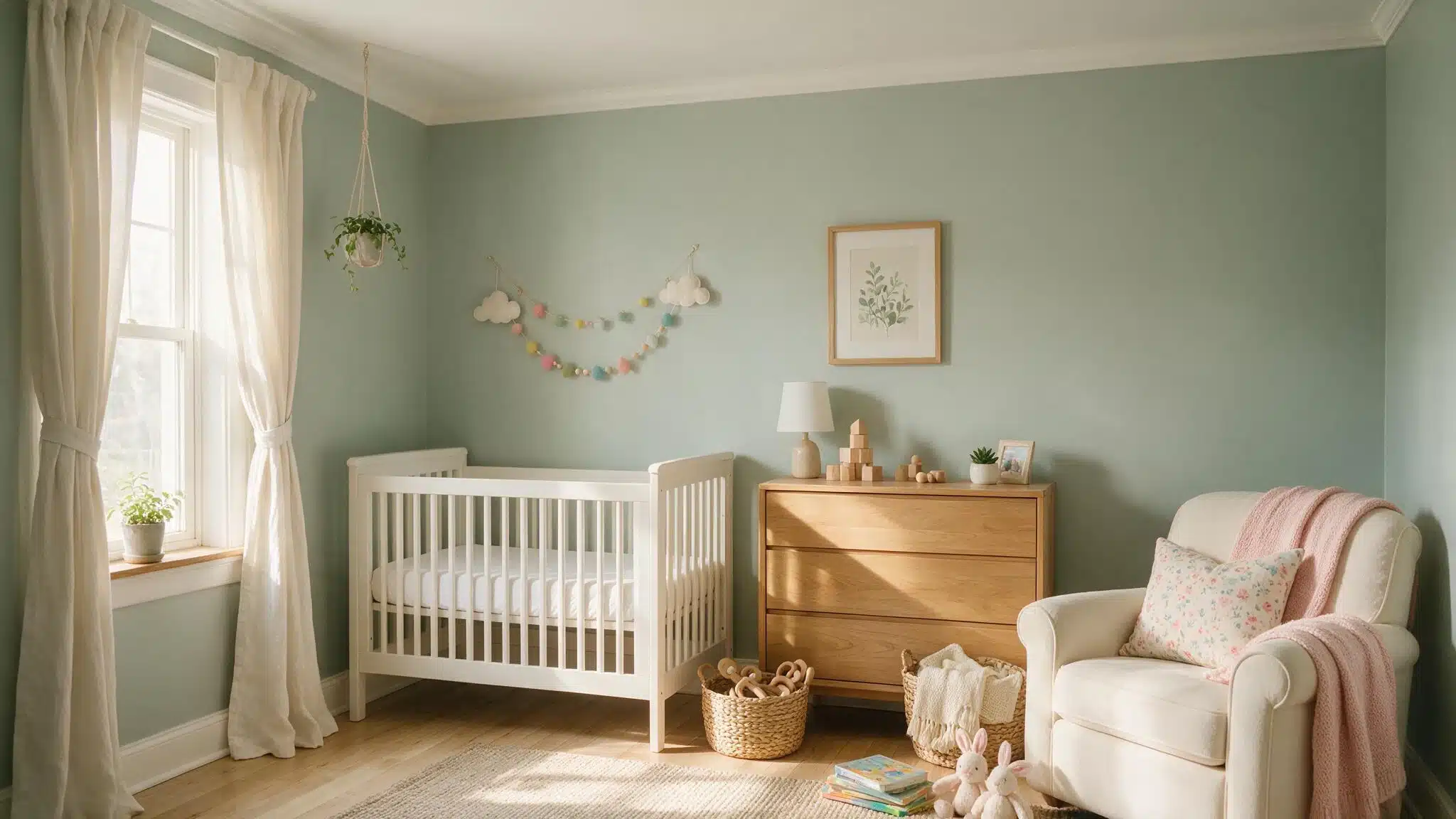 Serene sage-green nursery with a white crib, wooden dresser, upholstered rocking chair, soft textiles, hanging plant, and pastel wall decorations.