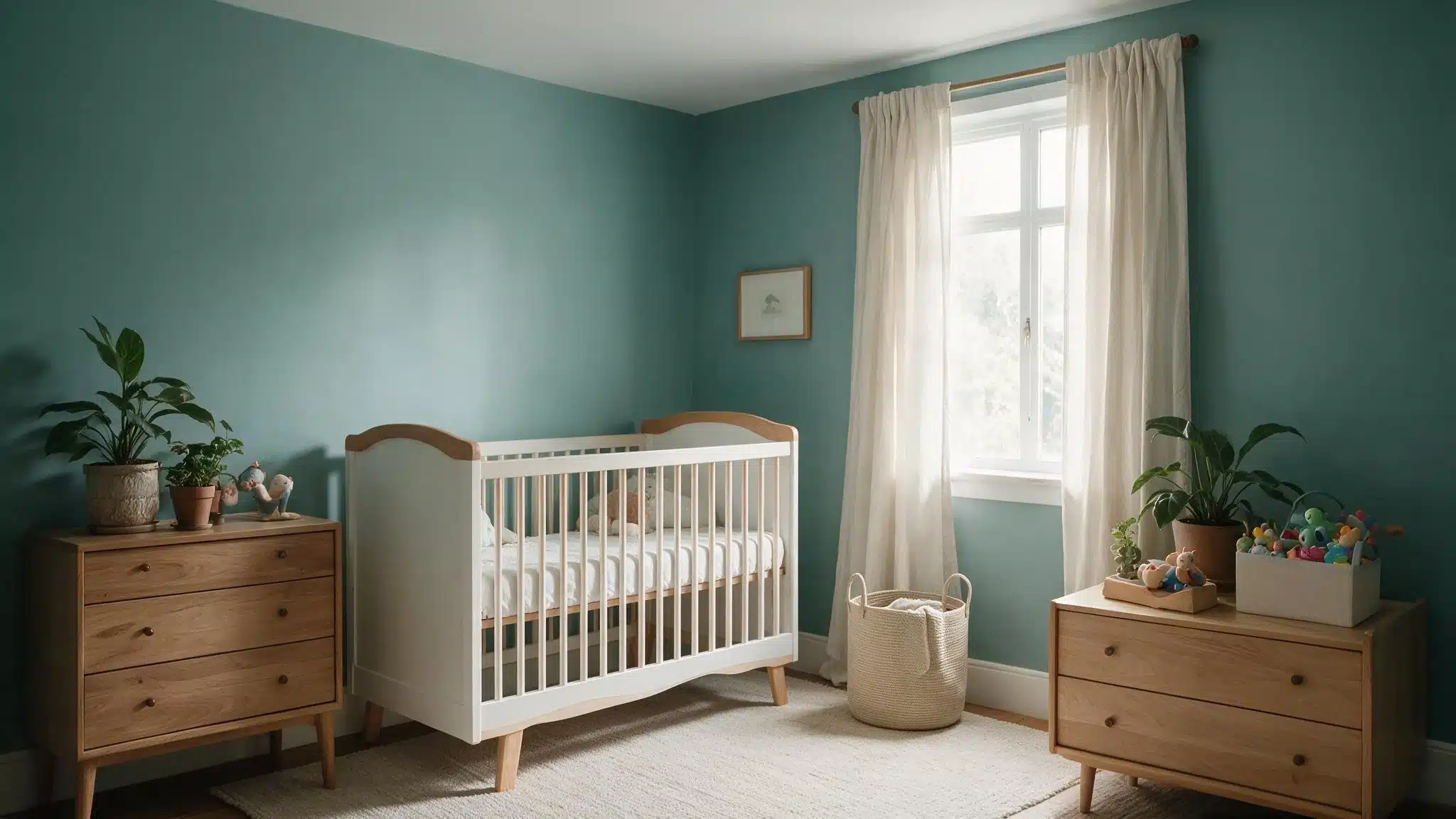 Sunlit nursery with teal walls, a white crib, wooden dressers, potted plants, a woven basket, and colorful toys by the window.