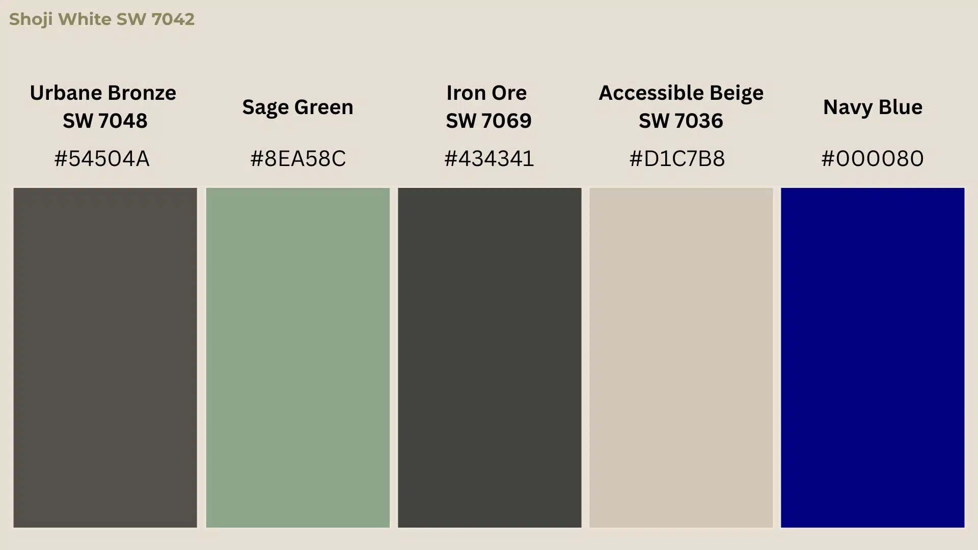 Shoji White coordinating colors include Urbane Bronze, Sage Green, Iron Ore, Accessible Beige, and Navy Blue.