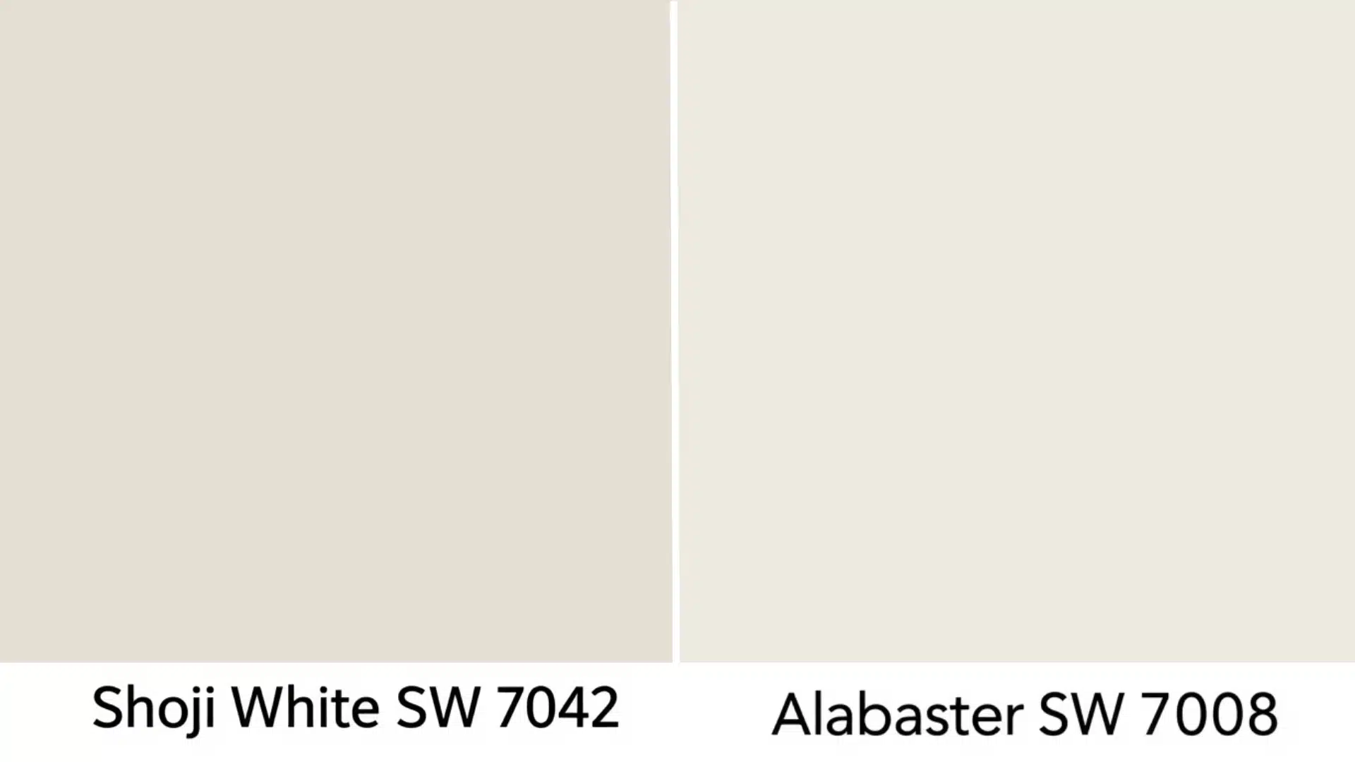Shoji White SW 7042 and Alabaster SW 7008 paint colors shown side by side for comparison.