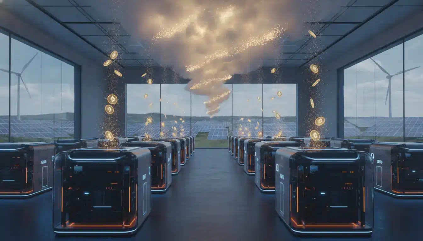 Bitcoin symbols swirling over futuristic servers in solar-powered data center with wind turbines
