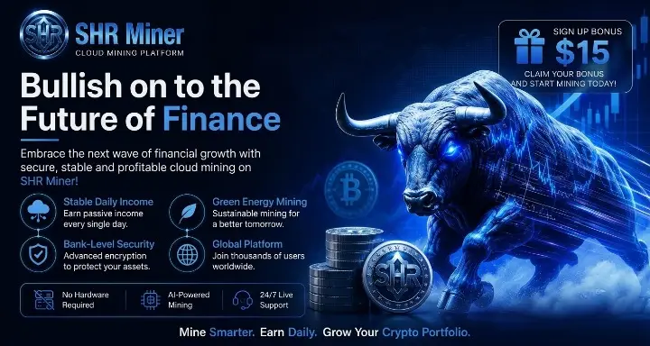 Digital illustration of a glowing blue bull beside cryptocurrency coins and mining platform icons