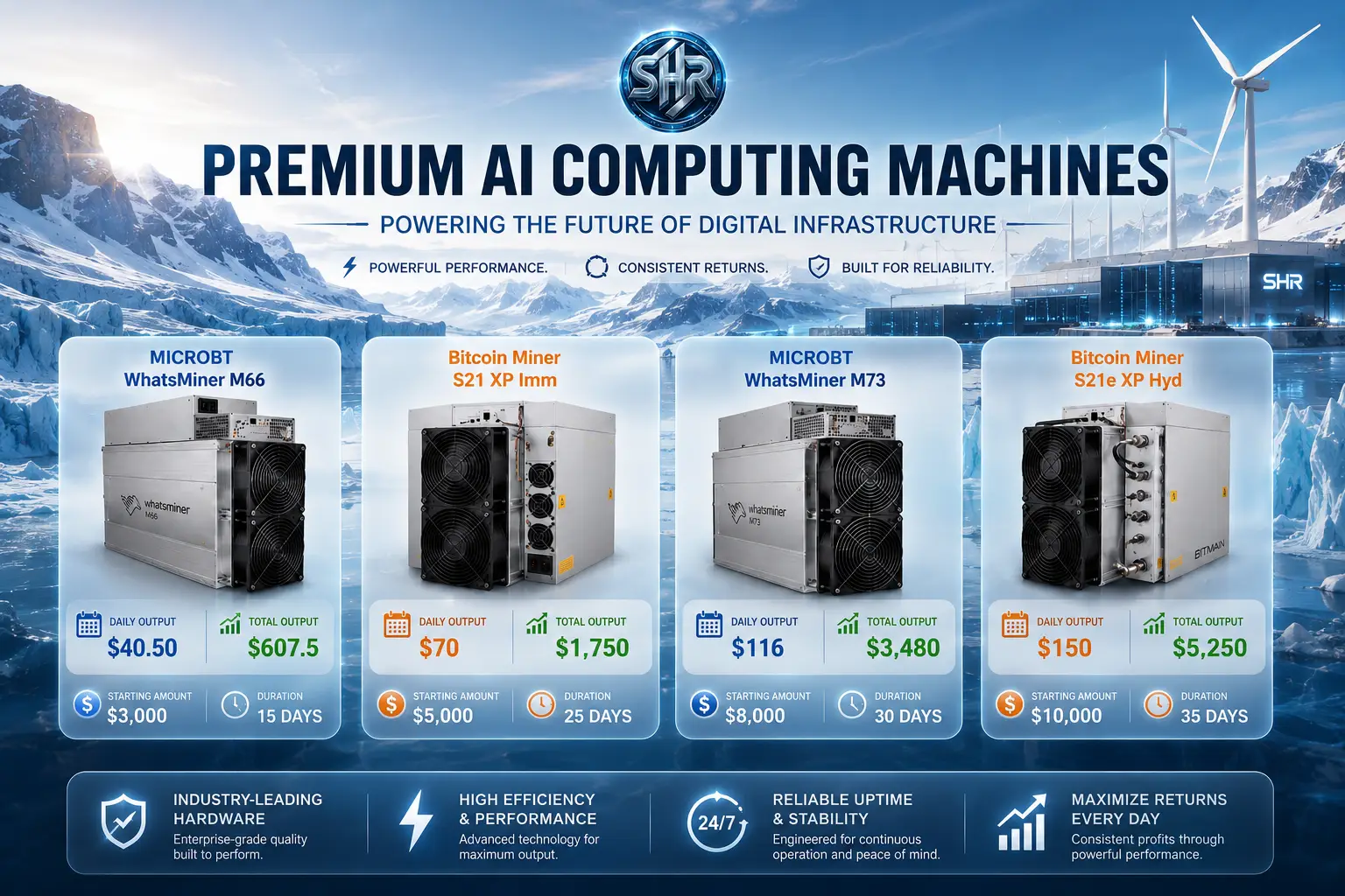 Four cryptocurrency mining machines displayed with financial data in icy landscape setting
