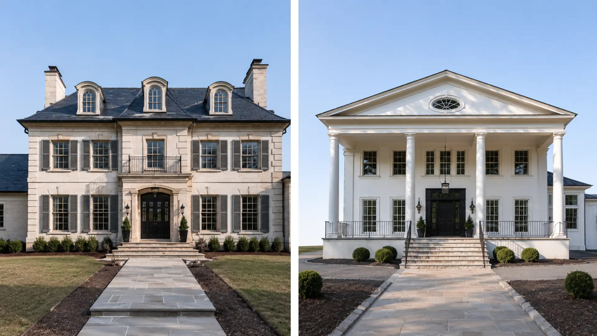 Side by side comparison of a French Provincial house and a French Colonial house showing different exterior architectural styles