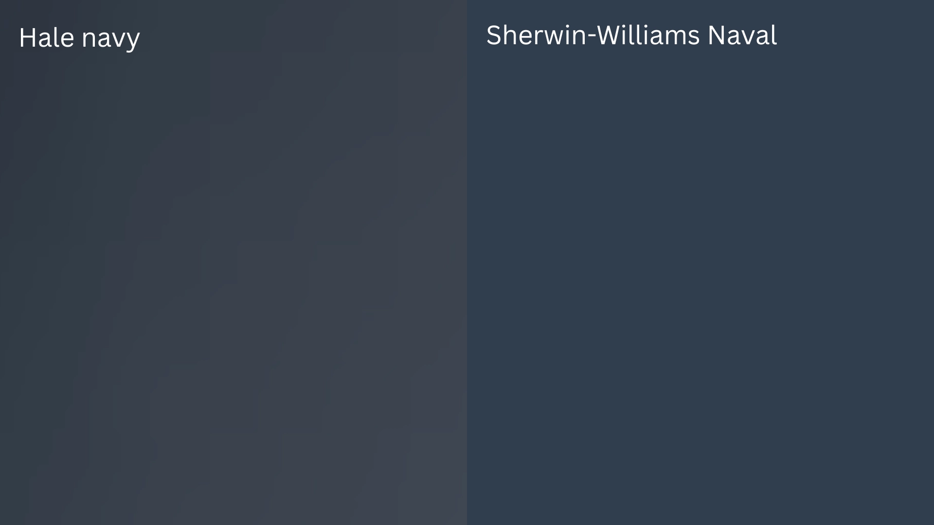 Side-by-side comparison of Hale Navy and Sherwin-Williams Naval, showing two deep navy shades with subtle differences in depth and undertone.