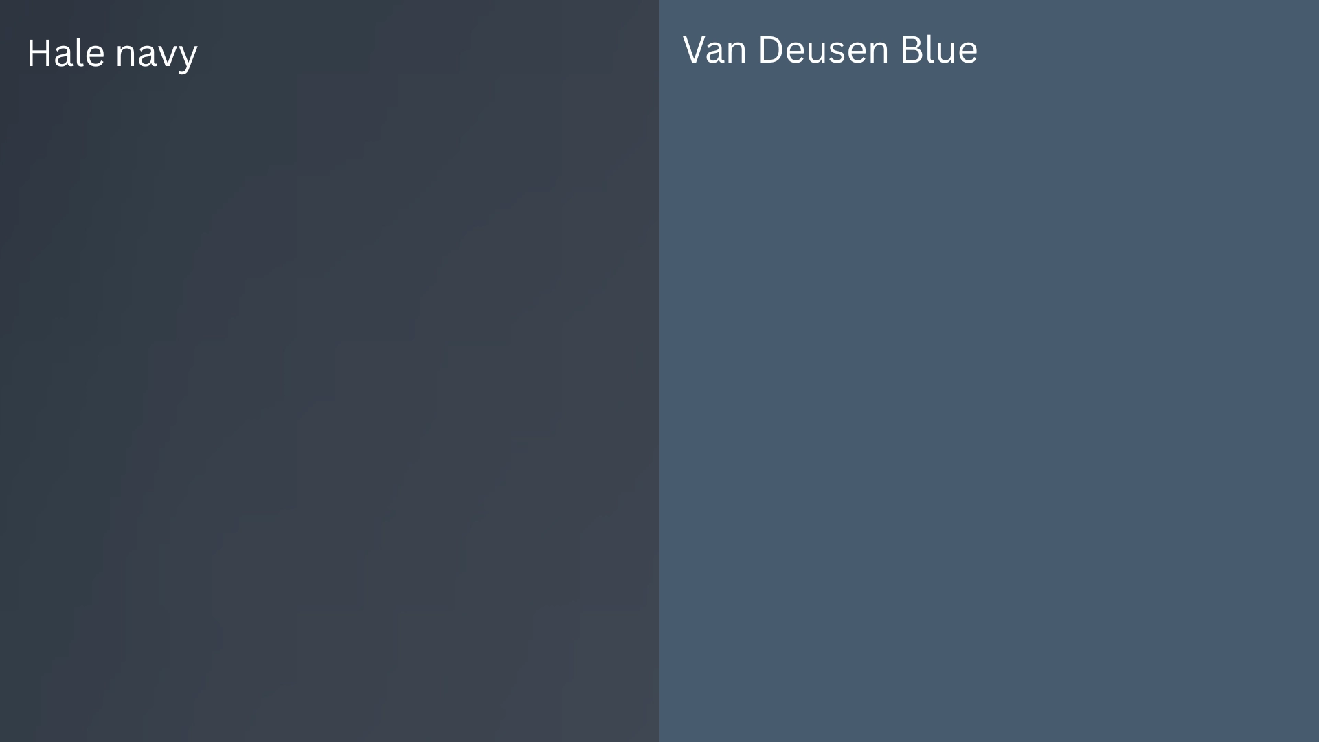 Side-by-side comparison of Hale Navy and Van Deusen Blue, highlighting the darker charcoal tone of Hale Navy and the softer blue tone of Van Deusen Blue.