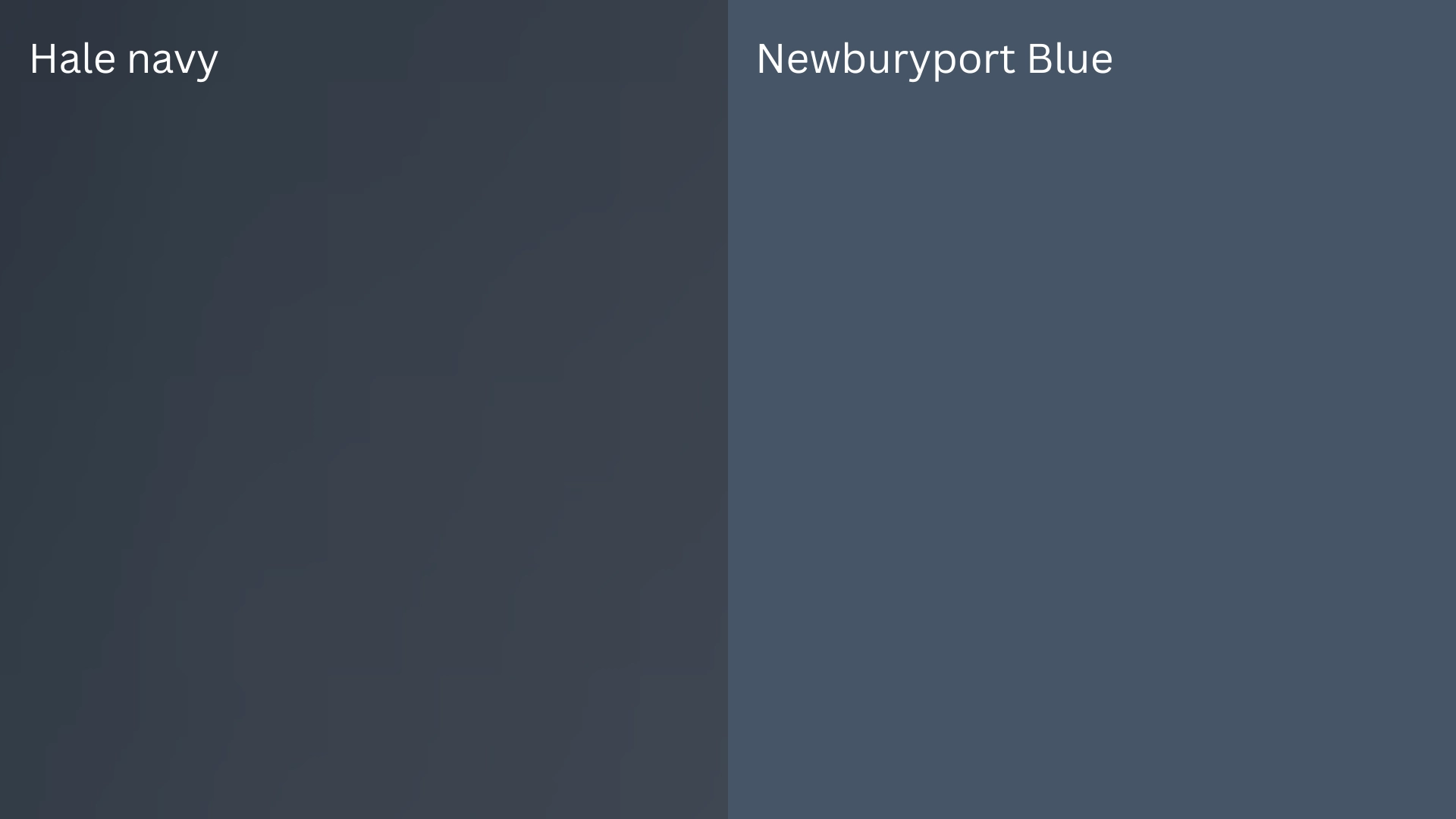 Side-by-side paint color comparison showing Hale Navy as a deep charcoal navy and Newburyport Blue as a lighter, muted blue.