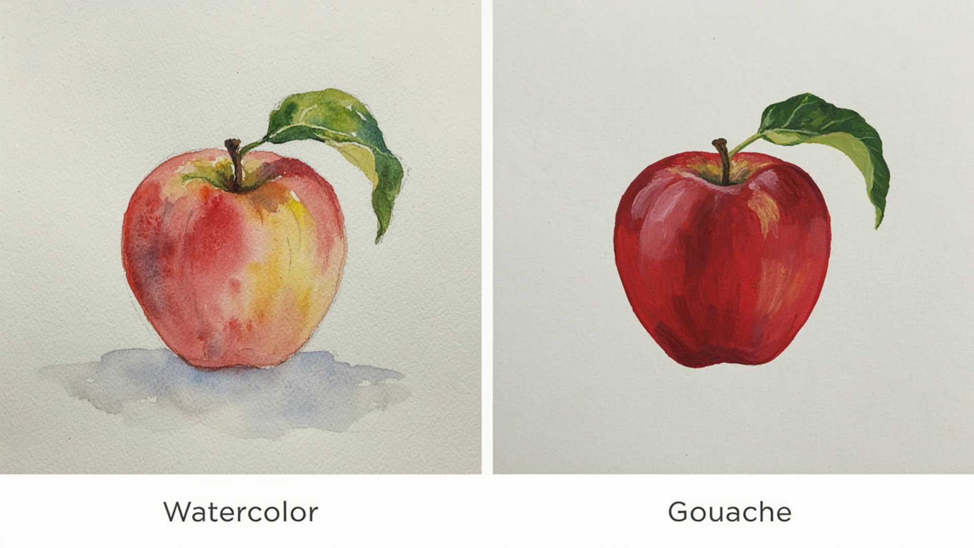 Side-by-side paintings of an apple with a leaf, labeled “Watercolor” on the left and “Gouache” on the right.