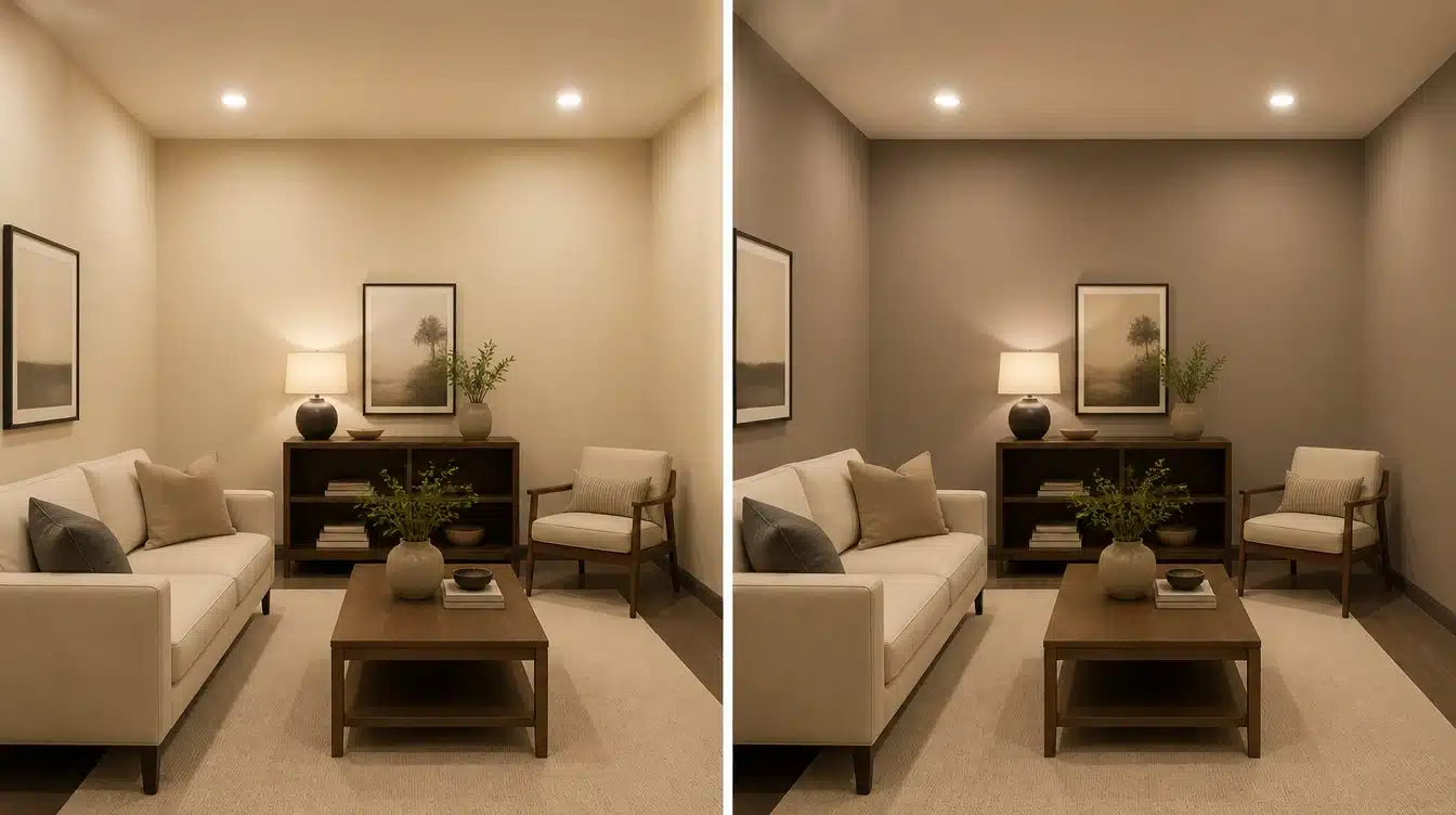 Side-by-side views show a beige living room with a sofa, armchair, coffee table, console, plants, lamp, and framed art.