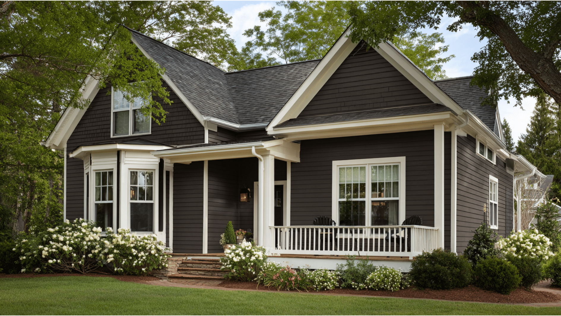 Dark Urbane Bronze house exterior with white trim and a landscaped garden