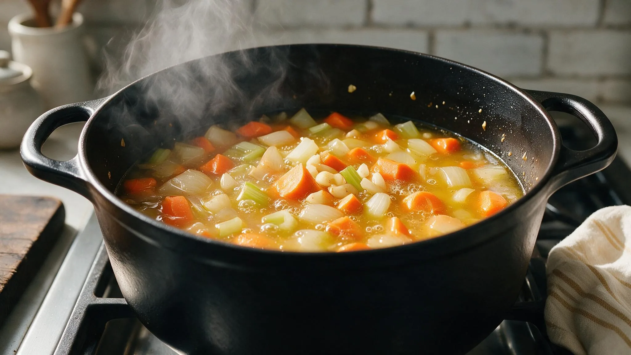 Simmering mirepoix with chopped onion, carrot, and celery in a black pot on the stove.