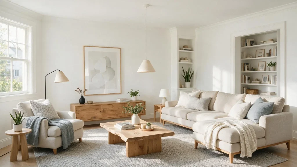 A bright living room featuring white furniture a coffee table and decorative plants creating a clean and inviting atmosphere