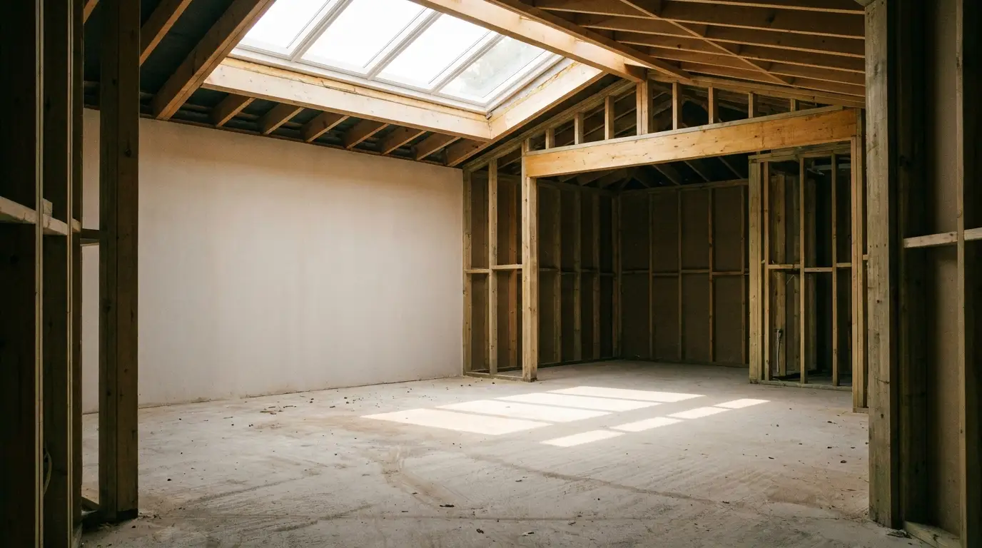 Empty room under construction with exposed wooden beams and large skylight ceiling