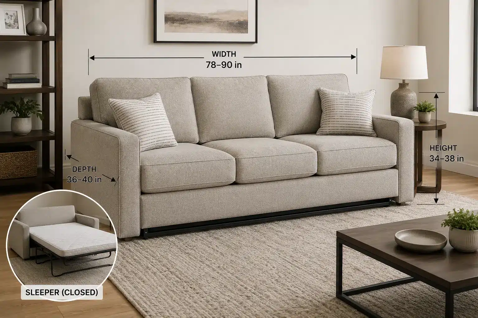 sleeper sofa with dimensions shown in a modern living room