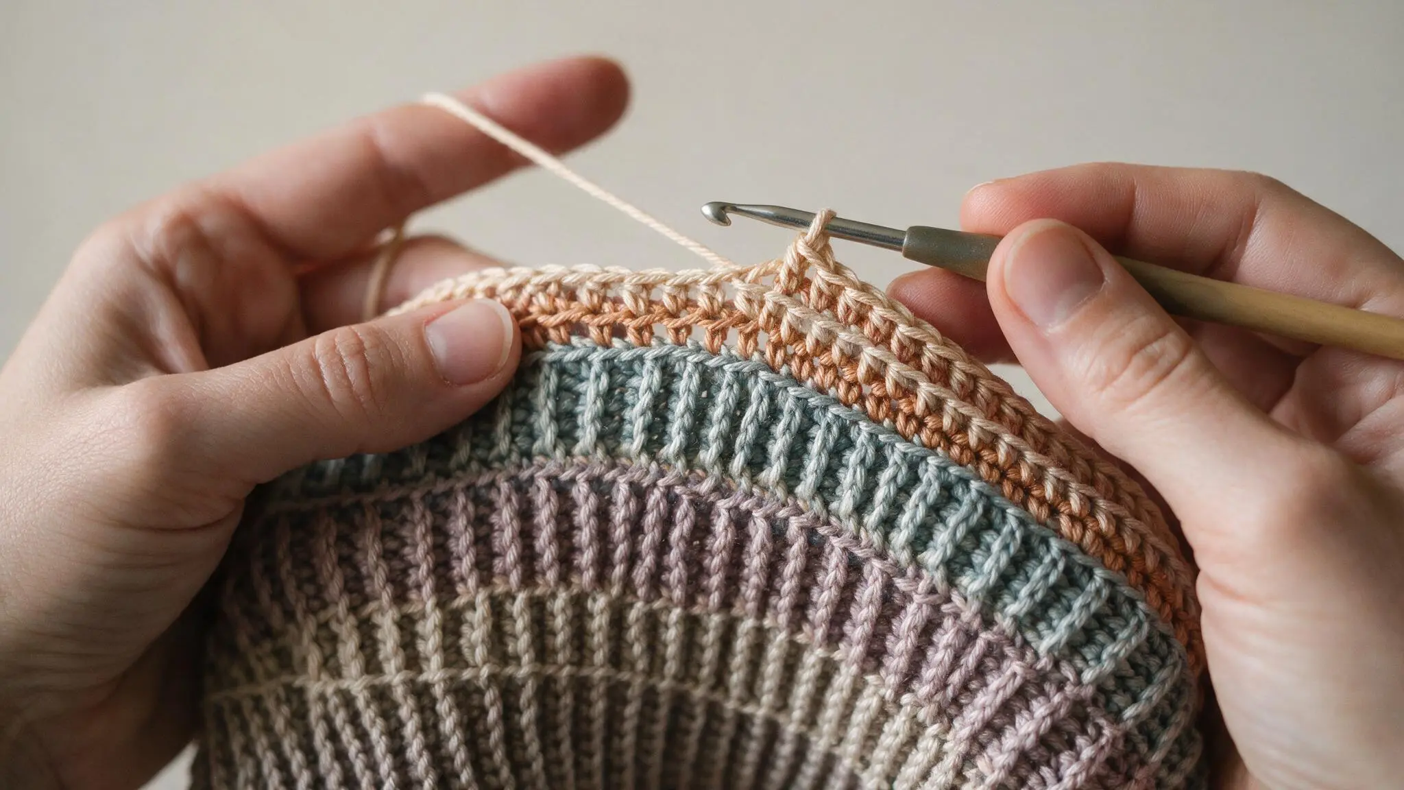 A person knitting a multicolored cloth, focused on their work with yarn and needles in hand.