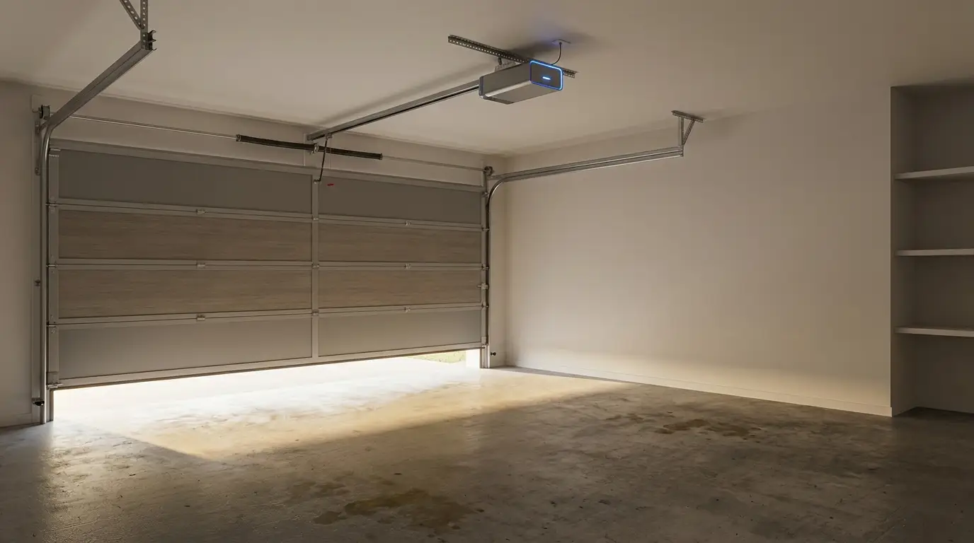 Empty garage with partially open door, white shelves, and concrete floor under soft lighting