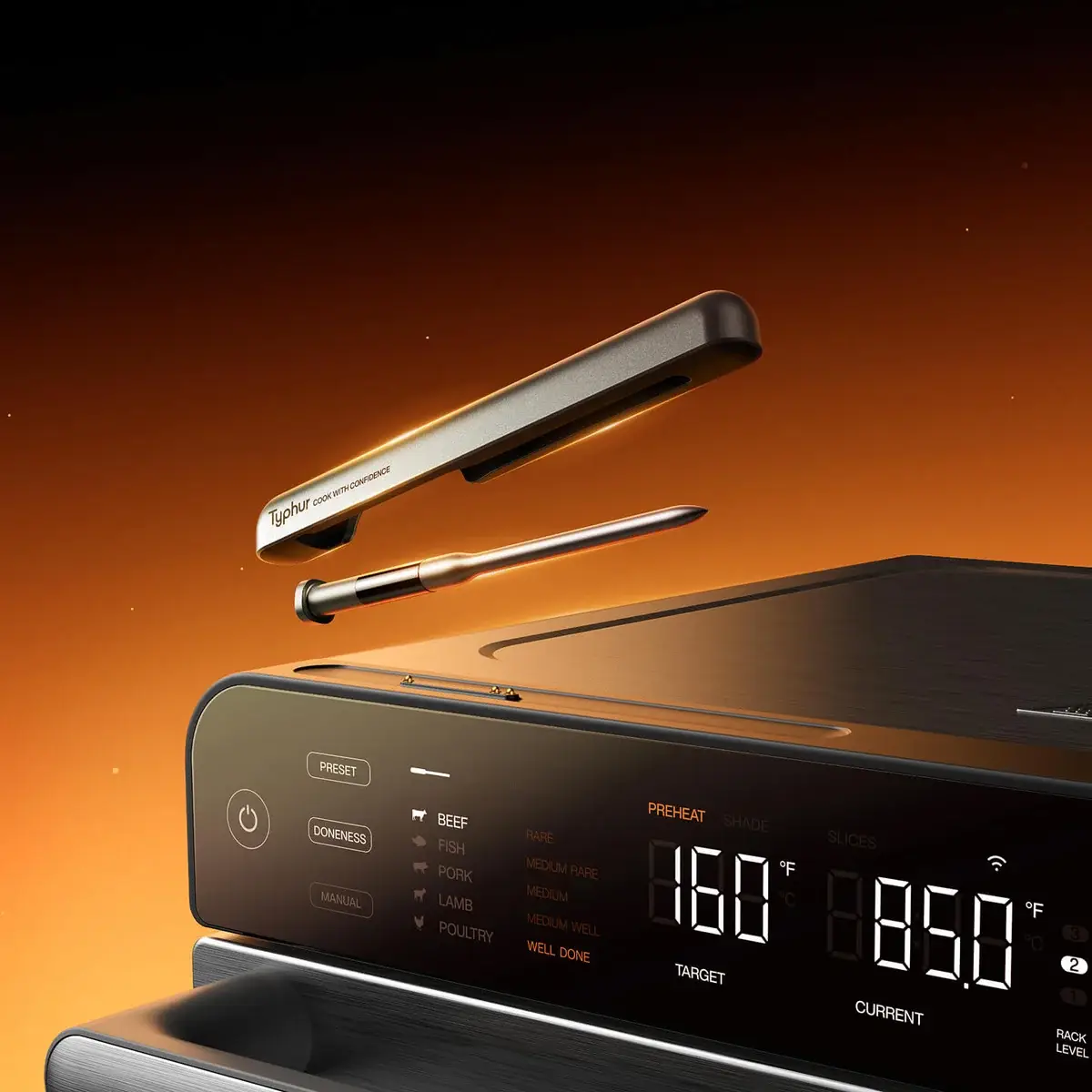 Cooking appliance interface with temperature display and a metallic thermometer in warm lighting