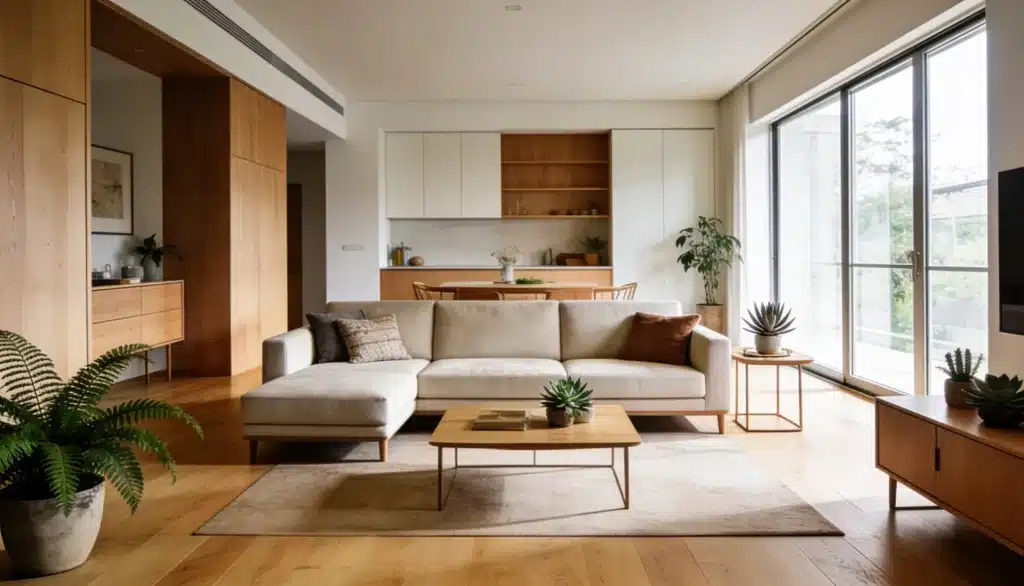 Modern living room with sectional sofa showing sofa dimensions and balanced furniture layout.
