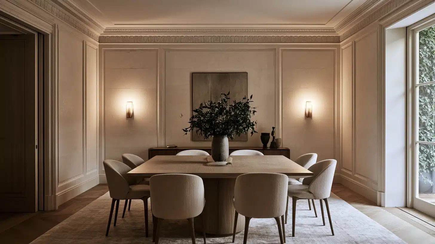 Elegant dining room with a long wooden table, eight upholstered chairs, floral centerpiece, paneled walls, warm sconces, and tall windows overlooking greenery.