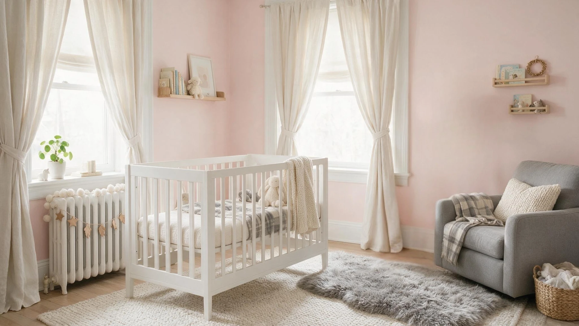 Soft pink nursery featuring a white crib, cozy gray chair, and woven rugs