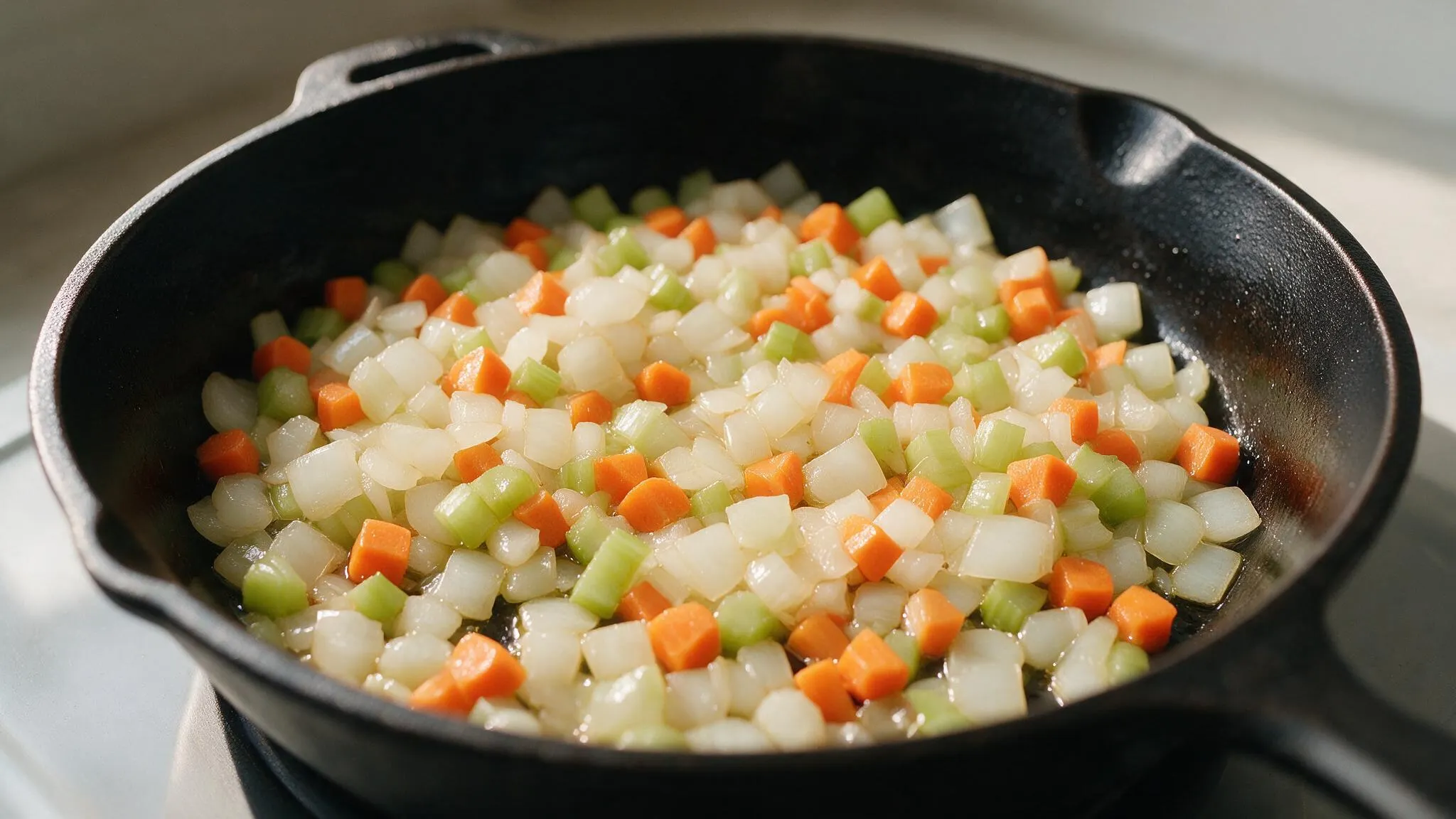 Soft, translucent mirepoix of onions, carrots, and celery cooked in a cast-iron skillet.