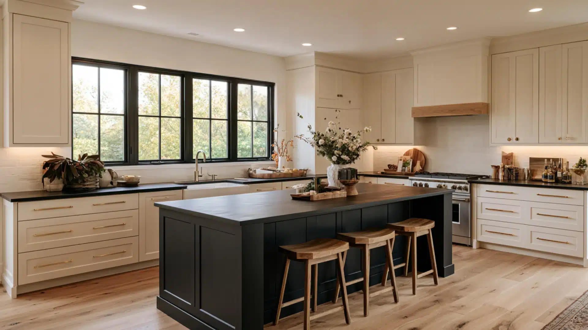 Spacious kitchen with cream cabinets, black island, four wooden stools, farmhouse sink, range, and large black-framed windows.