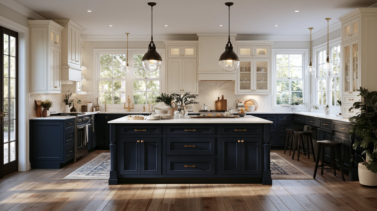 Spacious kitchen with Hale Navy lower cabinets and island, warm white upper cabinetry, brass hardware, marble-style counters, pendant lights, and wood flooring.