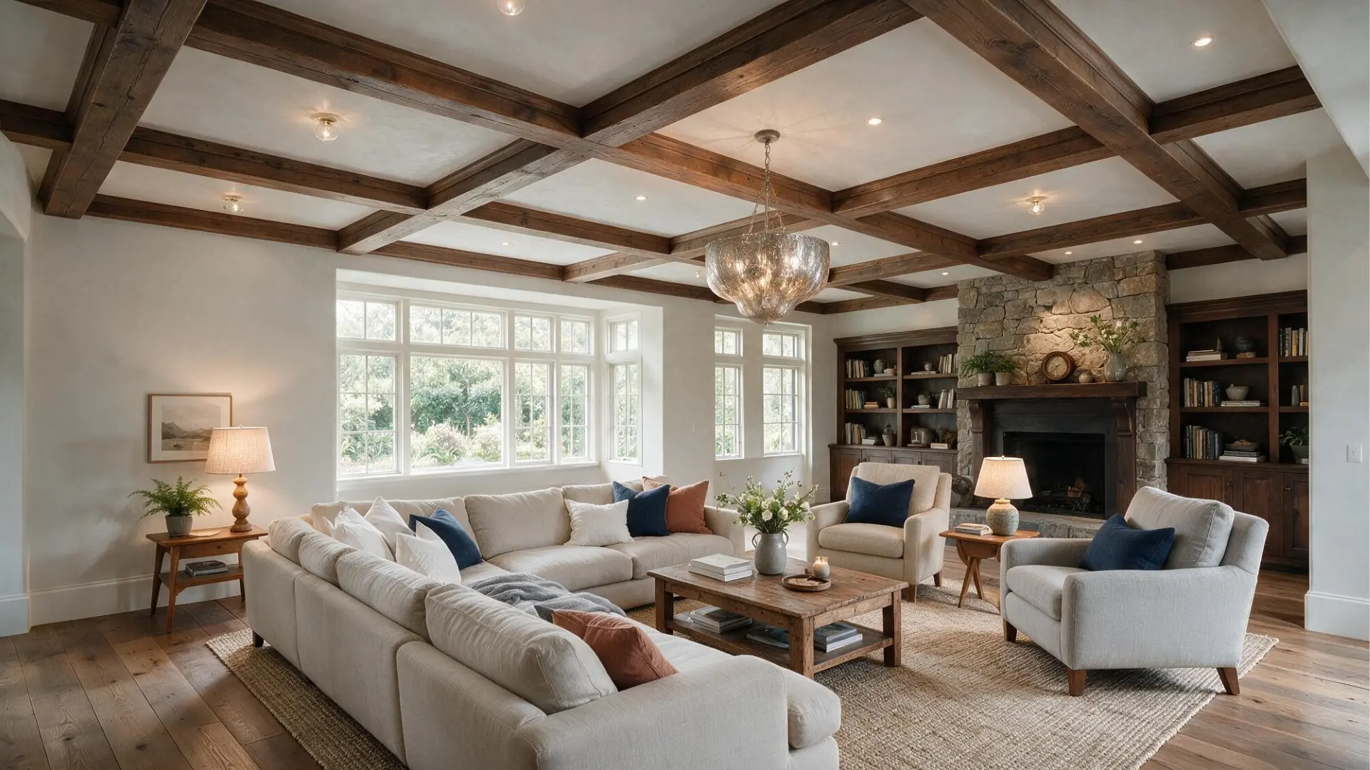 Spacious living room with dark wood coffered beams white ceiling panels stone fireplace cream seating and large windows