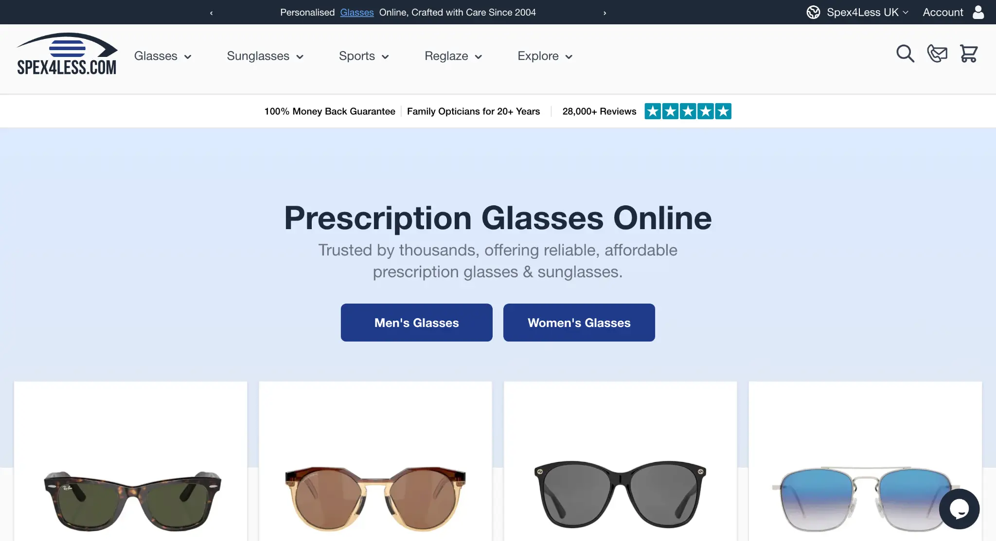 Online store webpage displaying various styles of sunglasses with button options for men's and women's glasses