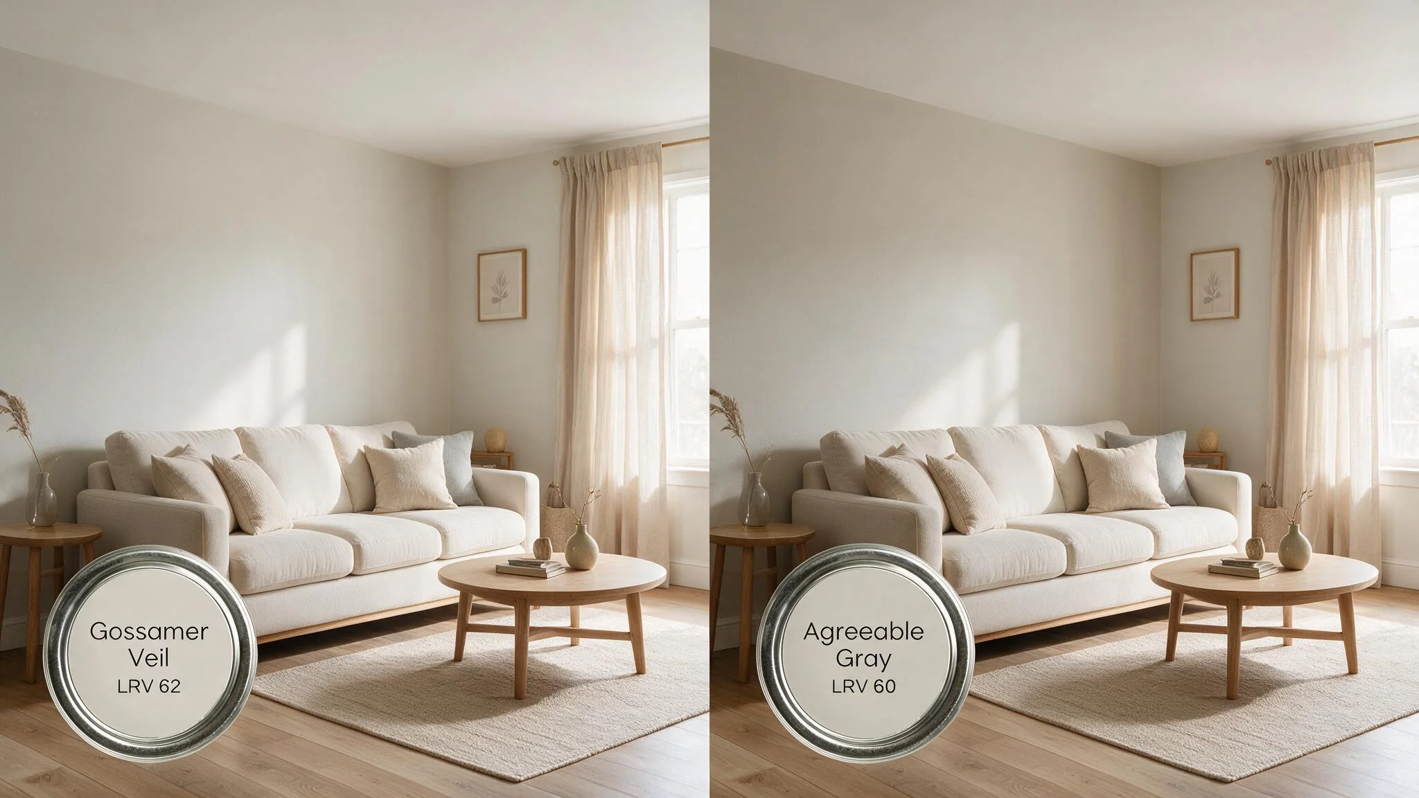 Split image showing the same bright living room in two paint colors, labeled “Gossamer Veil LRV 62” and “Agreeable Gray LRV 60.”